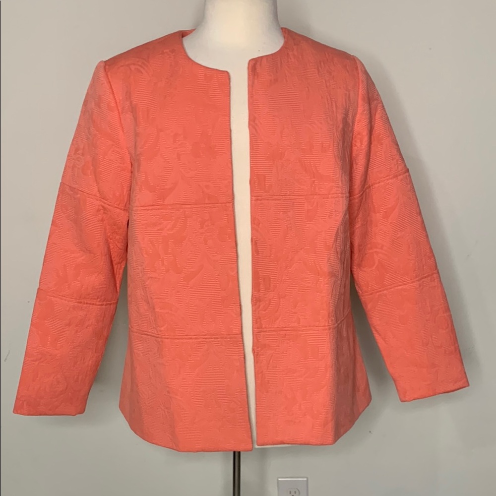 Paula Hian L floral Textured QVC Swing Jacket Blazer Lined Career Coral